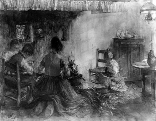 Pierre Jacques Dierckx - Binnenhuis (Bretonse kantwerksters) (Intérieur, travailleuses bretonnes faisant de la dentelle)