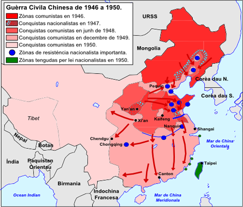 En rouge foncé les zones libérées en 1946, puis leur expansion