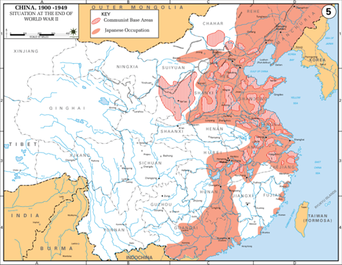 Carte de l’armée américaine montrant la situation à la fin de la seconde guerre mondiale. Les zones en rouge sont sous occupation japonaise, celles hachurées sont des bases de l’Armée Populaire de Libération.