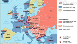 Carte de l’Europe de la période suivant 1945, avec une lecture bourgeoise des blocs