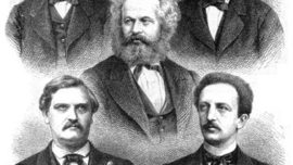 Les fondateurs de la social-démocratie allemande, avec Karl Marx au centre, en haut August Bebel et Wilhelm Liebknecht pour la tradition du SDAP, en bas Carl Wilhelm Tölcke et Ferdinand Lassalle pour celle de l’ADAV