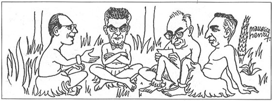 Dessin de Maurice Henry dans La Quinzaine Littéraire du 1er juillet 1967. Sont caricaturés les figures structuralistes : Michel Foucault, Jacques Lacan, Claude Lévi-Strauss, Roland Barthes. Le structuralisme est ainsi, avant tout, un fonctionnalisme ; il est un outil intellectuel ayant une portée pratique, dans le sens d’une gestion d’une partie de la réalité. C’est un pseudo-matérialisme dans sa nature même.
