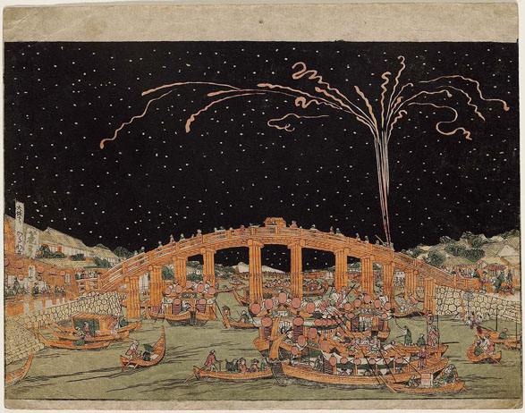 Feux d’artifice tels des fleurs en floraison au pont Ryōgoku dans la capitale orientale, par Utagawa Toyoharu