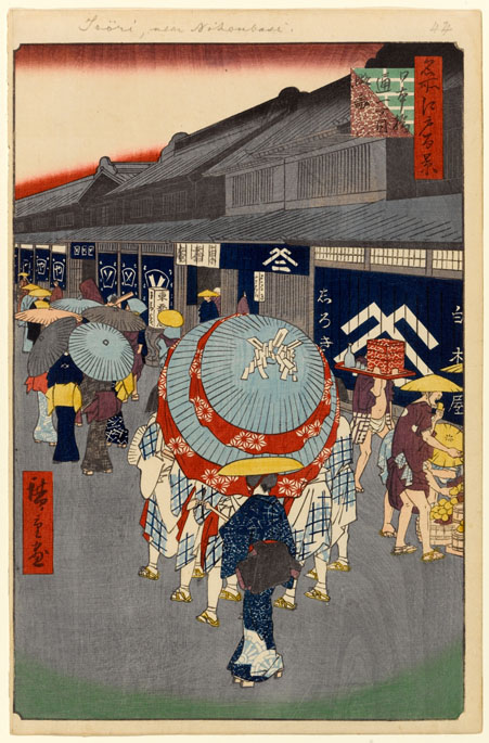Vue de la rue Itchome à Nihonbashi (à l’arrière-plan on a la célèbre boutique Shirokiya spot « arbre blanc »)