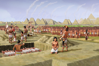 Illustration moderne du sacrifice rituel par strangulation au 10e siècle de 53 jeunes femmes au tertre 72 de Cahokia, à l’Est des Grandes plaines (wikipedia)