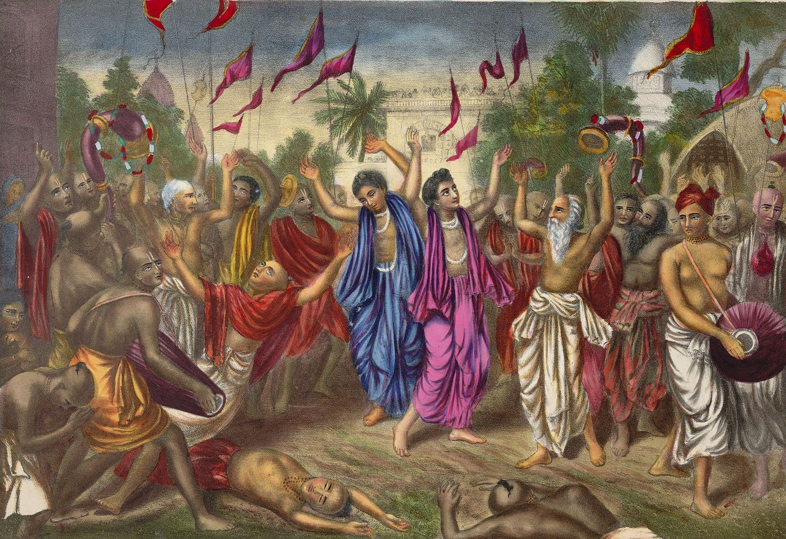 Le saint hindou du 15e siècle Chaitanya et son disciple and Nityananda lors d’un kirtan dans les rues de Nabadwip au Bengale, 19e siècle