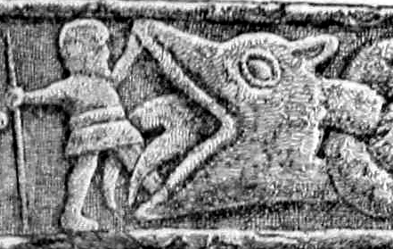 Vidar déchire la gueule du loup Fenrir, scène du Ragnarök sur une croix du Xe siècle à Gosforth en Angleterre