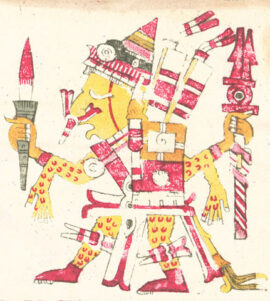 Le dieu Xipe Totec (Notre Seigneur l’écorché) ici recouvert de peau humaine, en référence à la cérémonie où un prisonnier célébré est finalement tué et écorché pour honorer le dieu qui s’est lui-même écorché pour donner naissance au maïs