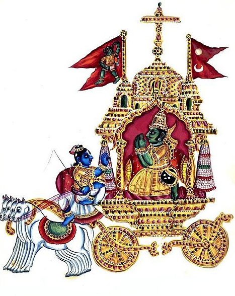 Krishna et Arjuna, peinture, vers 1830.