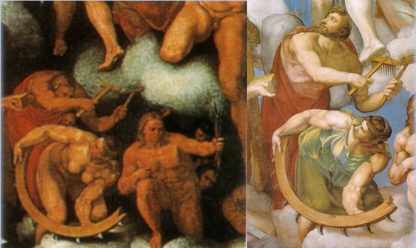 Saint-Blaise et Sainte-Catherine dans le Jugement dernier de Michel-Ange : à gauche une copie du 16e siècle de l’original, à droite la version retouchée au même siècle par le Vatican, qui jusqu’au 20e siècle procéda à de tels ajustements