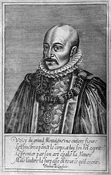 Portrait de Montaigne ornant l’édition des Essais de 1608 (estampe de Thomas de Leu d’après l’huile sur toile du musée Condé)