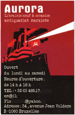 Carte de visite de la défunte Librairie Aurora dirigée par Flor Dewit durant une vingtaine d’années