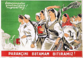 Affiche soviétique des années 1930 en Ouzbékistan : "nous nous débarrasserons définitivement de la Burqa !"