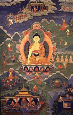 Tonpa Shenrab, le fondateur de la religion bön, qui vécut il y a 18 000 ans et dont la vie décrite ici a été « révélée » au 14e siècle, Tibet, 19e siècle