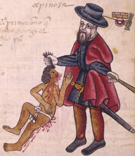 Un autochtone subissant les mauvais traitements de son encomendero, dans le Codex Tepetlaoztoc