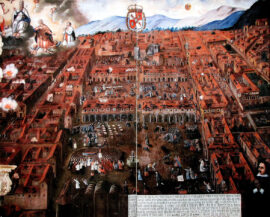 Peinture du 17e siècle relative au tremblement de terre à Lima, on y voit la procession avec la statue du Señor de los Temblores