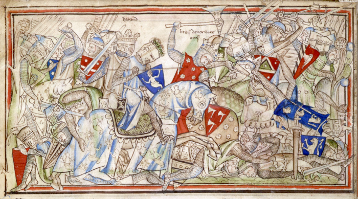 La bataille de Stamford Bridge en 1066 (vu en 1250), opposant les Anglais avec le roi Harold aux Norvégiens alors que Guillaume le Conquérant a déjà débarqué en Angleterre ; les Anglais sont ensuite défaits à Hastings