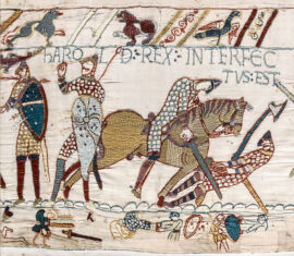 Tapisserie de Bayeux, 11e siècle, montrant ici la mort du roi Harold à la bataille d’Hastings en 1066
