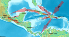 L’expansion coloniale espagnole à partir de Cuba et Hispaniola (wikipedia)