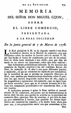 Mémoire sur le libre commerce de Miguel de Gijón y León