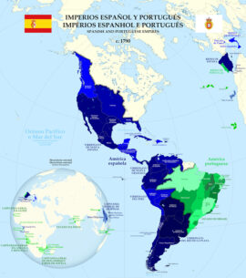 Les empires espagnol (en bleu) et portugais (en vert) en Amérique