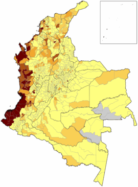 Les Afrocolombiens en 2005 en Colombie (72,7% – 100%, 45% – 72,6%, 20,4% – 44,9%, 5,8% – 20,3%, 0% – 5,7%) (wikipedia)