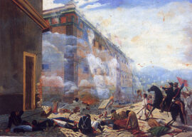 La prise de la halle aux blés de Guanajuato, où s’étaient réfugiés les forces royalistes, peinture de José Díaz del Castillo, 1910