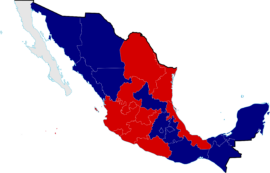 En bleu, les zones à majorité conservatrice, en rouge celles à majorité libérale (wikipedia)