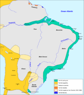 La situation en 1690, 30 ans avant la fondation de Montevideo – en vert, la colonisation portugaise, en jaune la colonisation espagnole (wikipedia)