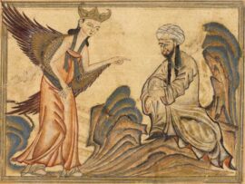 Mahomet recevant le Coran de Gabriel, dans le Jami’ al-Tawarikh (Histoire du Monde) de Rashid al-Din, Tabriz, Perse, 1307