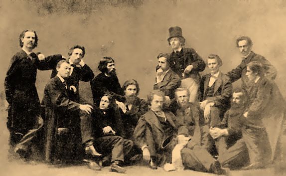 Les 14 peintres formant l’artel des artistes, avec de gauche à droite Johann Gottlieb Wenig, Firs Jouravliov, Alexandre Morozov, Kirill Lemokh, Ivan Kramskoï, Alexandre Litovtchenko, Constantin Makovski, Nikolaï Dmitriev-Orenbourgski, Nikolaï Petrovitch Petrov, Vassili Kreïtan, Mikhaïl Peskov, Nikolaï Choustov, Alexeï Korzoukhine, Alexandre Grigoriev