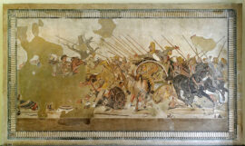 La fameuse mosaïque au sol de Pompéi, où Alexandre le Grand obtient la victoire sur le roi achéménide Darius III, à la tête de l’empire perse