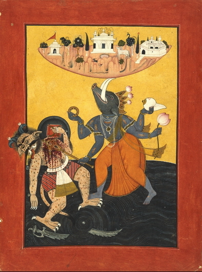 Vishnou, sous la forme de Varaha, sauve la terre et sa déesse en les soulevant et en terrassant un démon, vers 1740