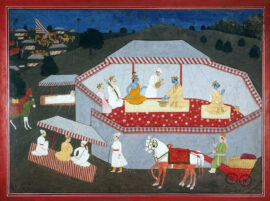 De l’eau est versée sur les mains d’Arjuna, pour confirmer qu’il choisit Kṛṣṇa auprès de lui, plutôt que ses armées, début du 16e siècle
