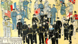 Une image japonaise de 1900 montrant l’Alliance anti-boxeurs dite des huit nations, avec leurs drapeaux navals respectifs (Italie, États-Unis, France, Autriche-Hongrie, Japon, Allemagne, Russie et Royaume-Uni)