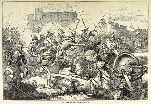 Représentation britannique de la prise des forts du Peï-Ho en 1860, avec les troupes franco-britanniques menant une vaste offensive contre la Chine, amenant l’occupation de Tianjin, puis de Pékin.
