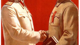 Affiche soviétique sur l’amitié sino-soviétique : Staline sert la main de Mao Zedong tenant un ouvrage de Lénine