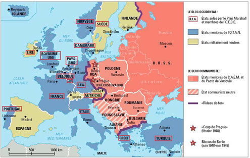 Carte de l’Europe de la période suivant 1945, avec une lecture bourgeoise des blocs