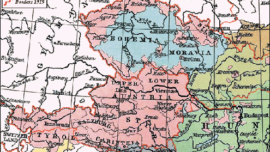 En rose la population germanophone relevant historiquement de l’Autriche, en bleue la partie tchèque