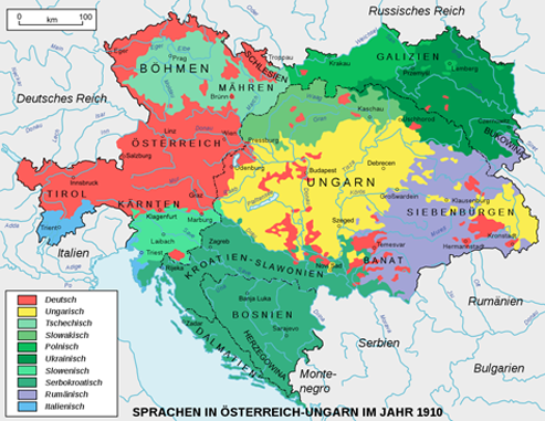 Les principales langues en Autriche-Hongrie : l’allemand, le hongrois, du côté slave le tchèque, le slovaque, le polonais, l’ukrainien, le slovène, le serbo-croate, enfin dans la famille latine le roumain et l’italien.