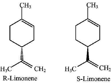 Représentation de Cram du (R)-Limonène et du (S)-Limonène. La liaison entre un atome dans le plan et un atome en avant est représentée par le triangle plein ; la liaison entre un atome dans le plan et un atome en arrière est représentée par le triangle hachuré.