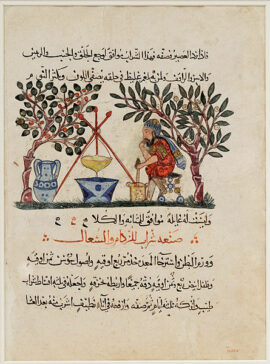 Médecin préparant une potion, Illustration d’un manuscrit (daté de 1224, peut-être de Bagdad) traduction en arabe du De Materia Medica du Grec Dioscoride (vers 40-90 de notre ère)