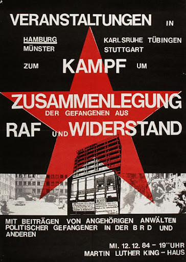 Affiche d’un meeting pour le regroupement des prisonniers de la RAF et de la Résistance le 12 décembre 1984 dans plusieurs villes