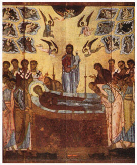 "L'Assomption". Icone du monastère de la Dîme, à Novgorod (XIIe-XIIe siècles).