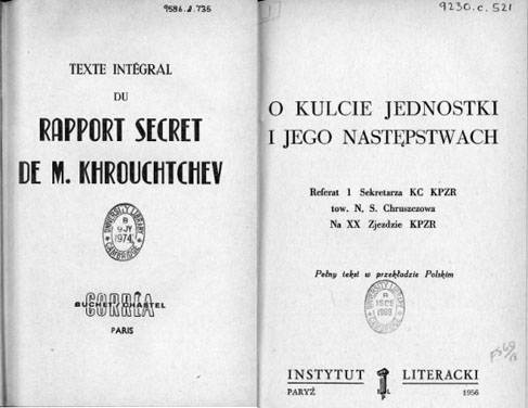 Page de garde d’une version française et d’une version polonaise éditée à Paris (en 1956) du pseudo rapport secret