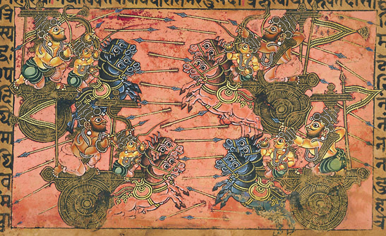 Le combat entre Kripa et Shikhandi raconté dans le Mahabharata, ici présenté vers 1670
