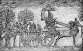 Le roi assyrien Sennacherib pendant la guerre contre Babylone, bas-relief de son palais à Ninive, 7e siècle avant notre ère