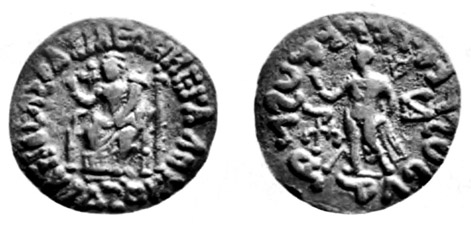 Pièce de monnaie de l’époque du roi indo-scythe Azes I, avec la déesse de la fertilité et des récoltes Déméter d’un côté, Hermès de l’autre, 1er siècle avant notre ère