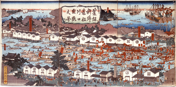 Transport du coton par bateau à Edo au milieu du 19e siècle
