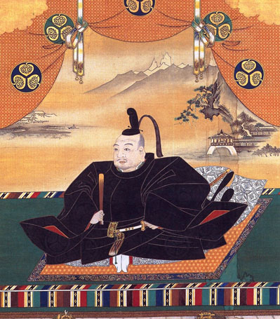 Tokugawa Ieyasu, oeuvre de la fin du 17e siècle ; on remarquera que les disques contiennent le symbole du clan des Tokugawa